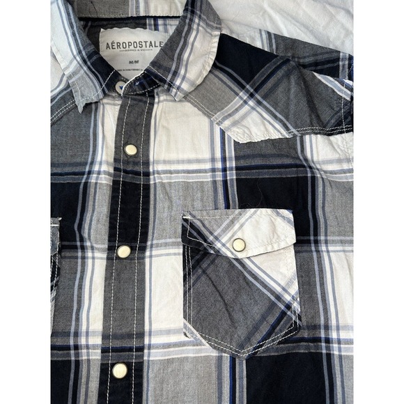 Aeropostale Black/White/Grey Medium Western Plaid Shirt Pearl Snap Long Sleeve - Picture 3 of 12